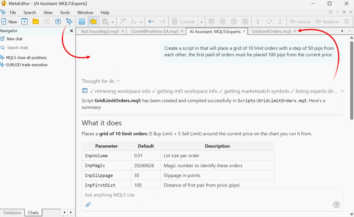 MetaEditor 中的 AI 助手